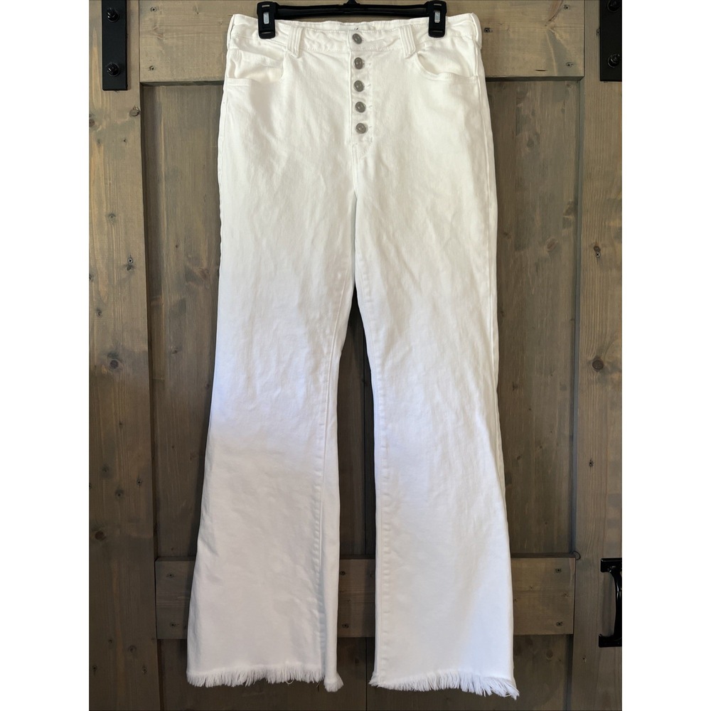 Kancan Jeans Size 13/30 Flare Stretch White Denim High Rise Frayed Button Fly